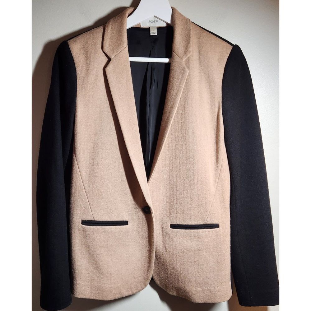 J. Crew Wool Blend Black Camel Contrast Blazer Jacket, Women Size 6